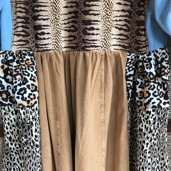 Patchwork Duster Jacket Dress, M: Upcycled Animal Print Button-Down Boho Kaftan - Picture 11 of 13